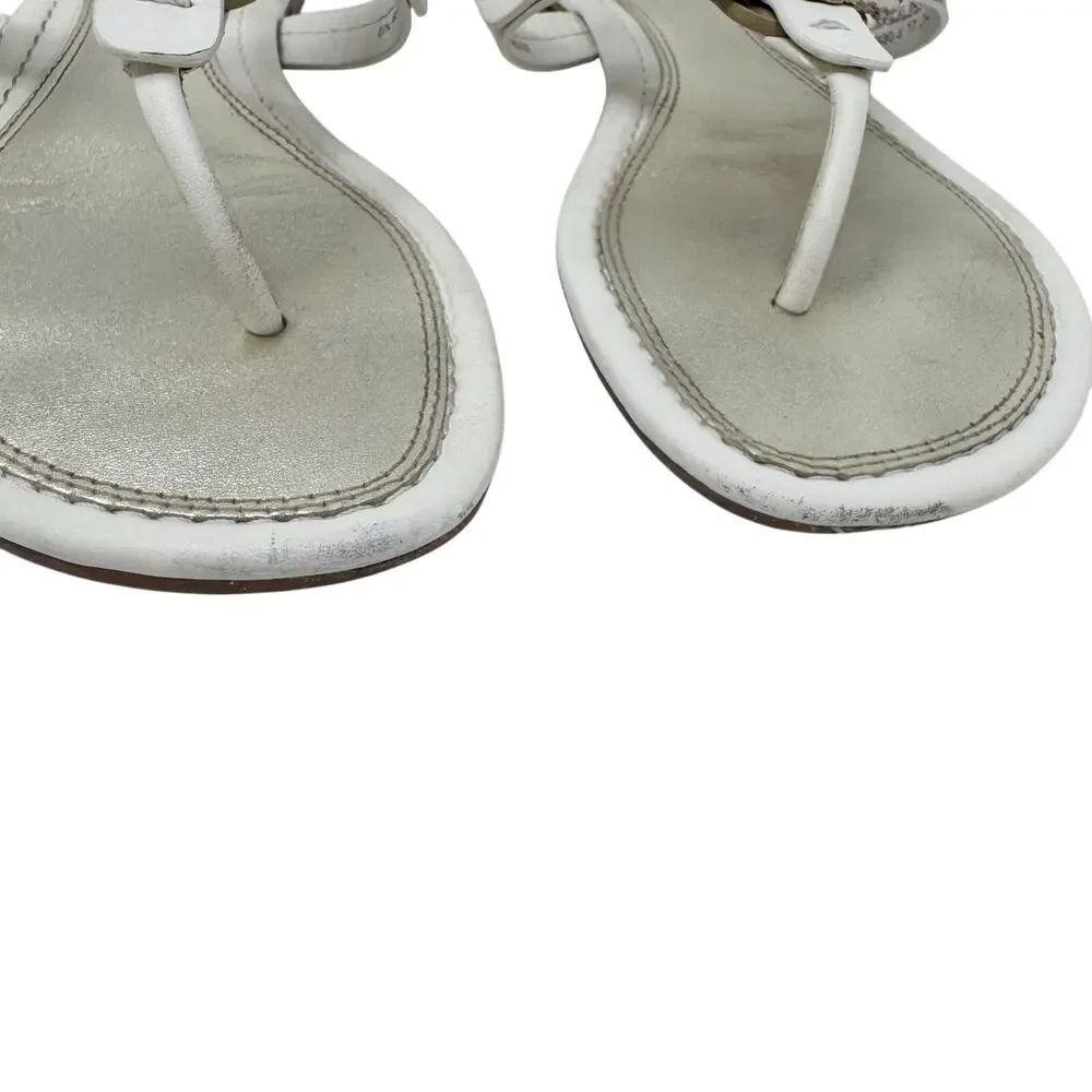 TORY BURCH Metallic Gold Cream Fringe Miller Logo Sandals Flip Flops Size 6.5